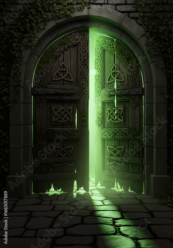 Ancient wooden door with Celtic carvings, partially ajar in a stone archway, emits a mysterious green light, suggesting a magical portal to a hidden realm