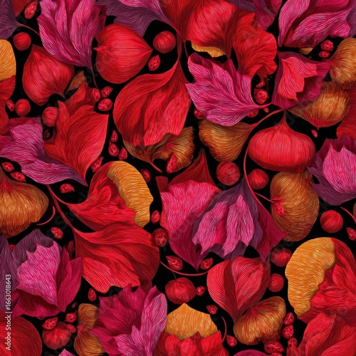 Vibrant Red and Gold Floral Pattern on Black Background