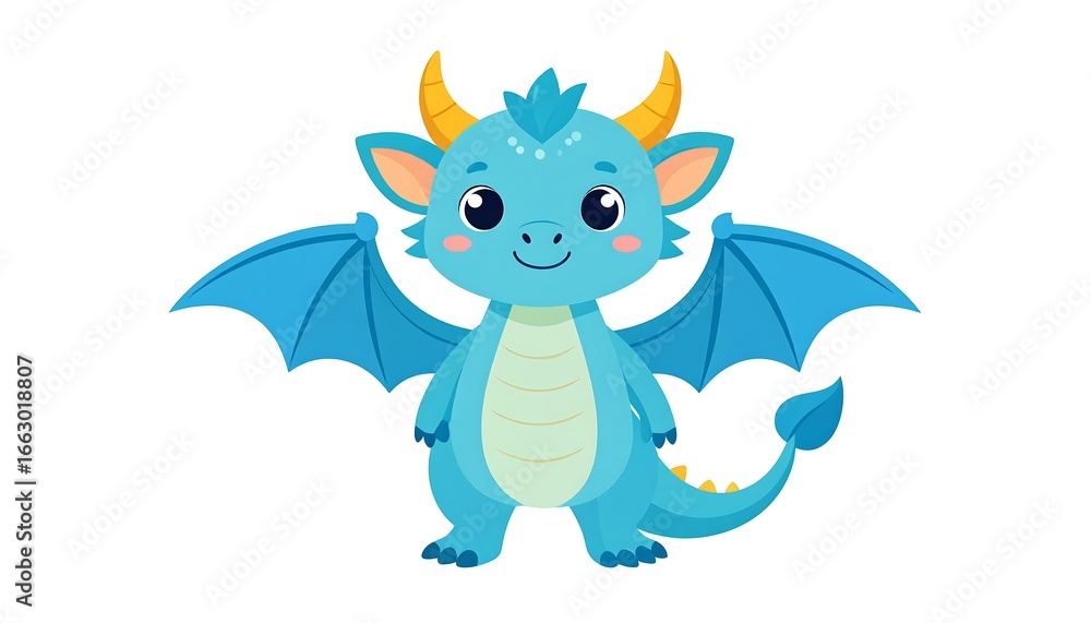 Obraz premium Cute cartoon dragon, light blue, standing
