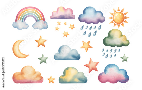 Soft pastel watercolor collection with dreamy sky elements. Hand painted sun, moon, clouds and stars in fantasy pastel tones. Nursery elements Illustrations.