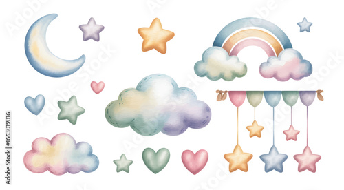 Soft pastel watercolor collection with dreamy sky elements. Hand painted sun, moon, clouds and stars in fantasy pastel tones. Nursery elements Illustrations.