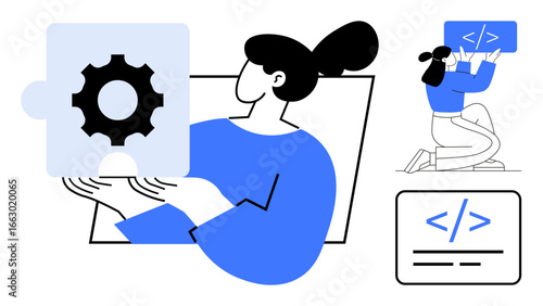 Woman holding gear puzzle piece, kneeling figure, and coding symbols. Ideal for teamwork, problem-solving, programming, project management, software engineering, development process simple landing