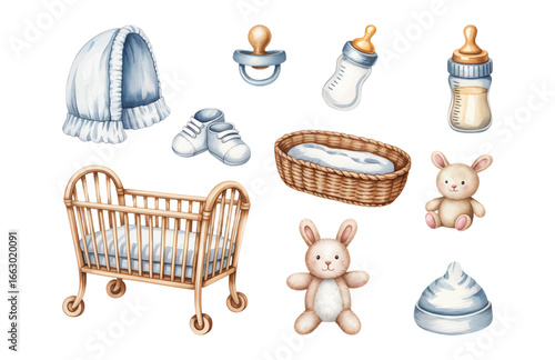 Soft pastel watercolor baby essentials set.  Watercolor collection of newborn accessories and toys.