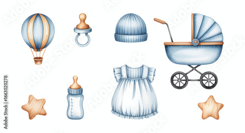 Watercolor newborn baby accessories set. Hand painted nursery clipart collection with cute toys, clothes and essentials elements for cards, invitations and baby shower.