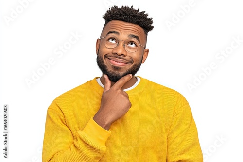 Young man in vibrant yellow sweater thoughtfully smiling with hand on chin displaying curiosity and playfulness showcasing introspection and creativity against a clean white backdrop