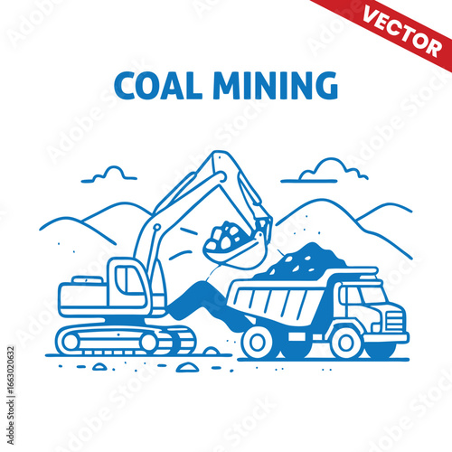 Outline Graphic Illustration of Coal Mining with Excavators and Transport Trucks at Open-Pit Extraction Site