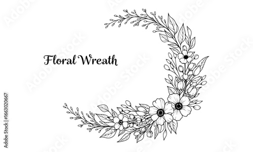 Delicate floral wreath design featuring blooming flowers and intricate leaves in a crescent shape