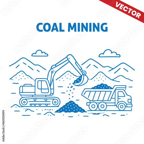 Coal Mining Outline Graphic Illustration: Open-Pit Site with Excavators and Dump Trucks Transporting Coal