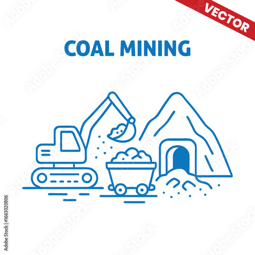 Coal Mining Outline Graphic Illustration of Excavation, Coal Extraction with Dump Trucks and Excavators at Open-Pit Site
