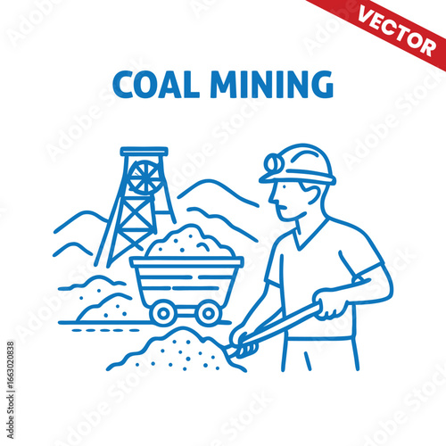 Outline Graphic Illustration: Coal Mining Excavation with Excavators, Trucks, and Machines at Mining Site