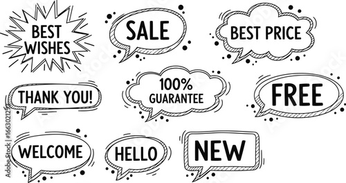 Various hand drawn speech bubbles promoting best wishes sale best price and other positive messages
