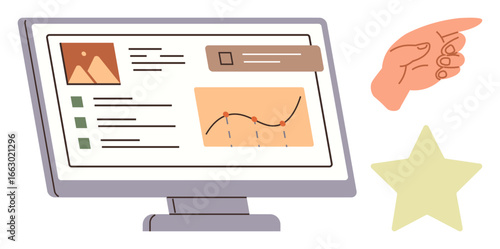 Desktop screen displaying data chart, notifications, and multimedia. Hand gesture and star indicate interactivity, evaluation, and recognition. Ideal for analytics, management, productivity