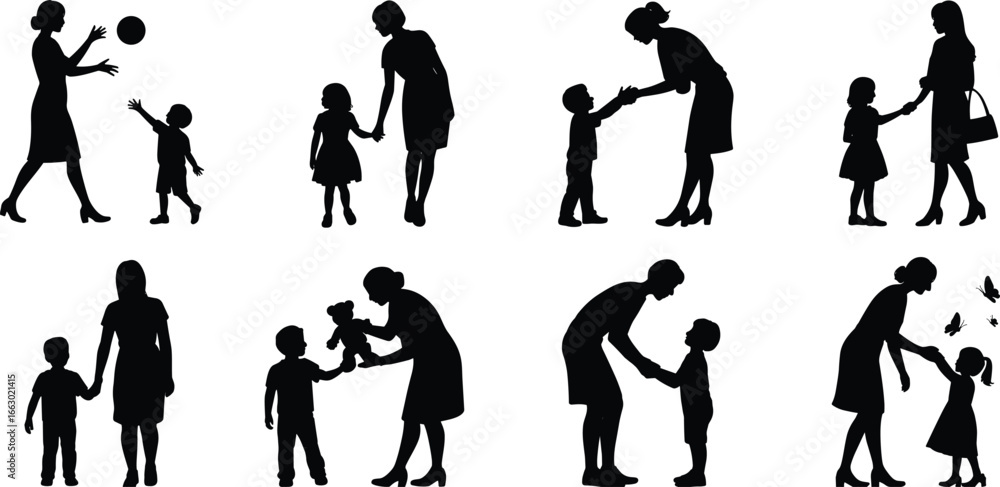 Naklejka premium Mother and child silhouette playing together, holding hands, nurturing, bonding moments, family love, parenting, care, interaction, childhood, happiness
