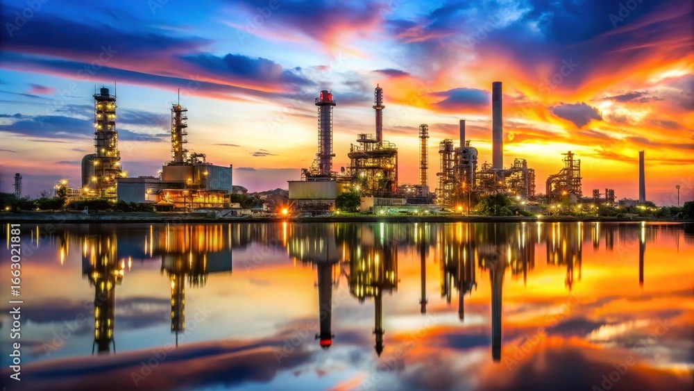 Naklejka premium Industrial refinery plant with water reflection at sunset