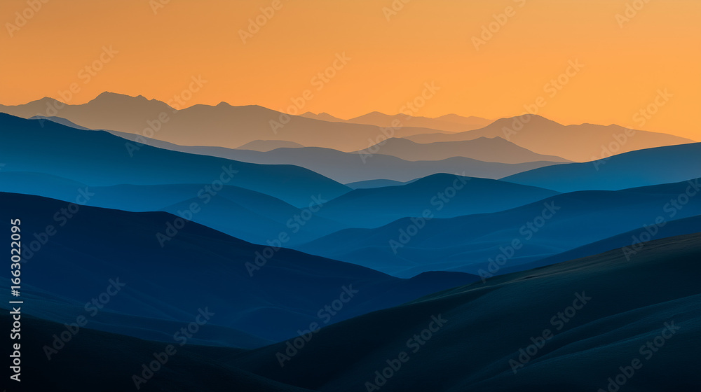 Fototapeta premium Layered hills form a serene silhouette at sunrise, bathed in soft orange light, creating a peaceful, atmospheric, and dreamy landscape.