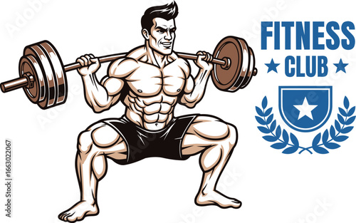 Muscular man in shorts lifting barbell performing squat exercise at fitness club workout center