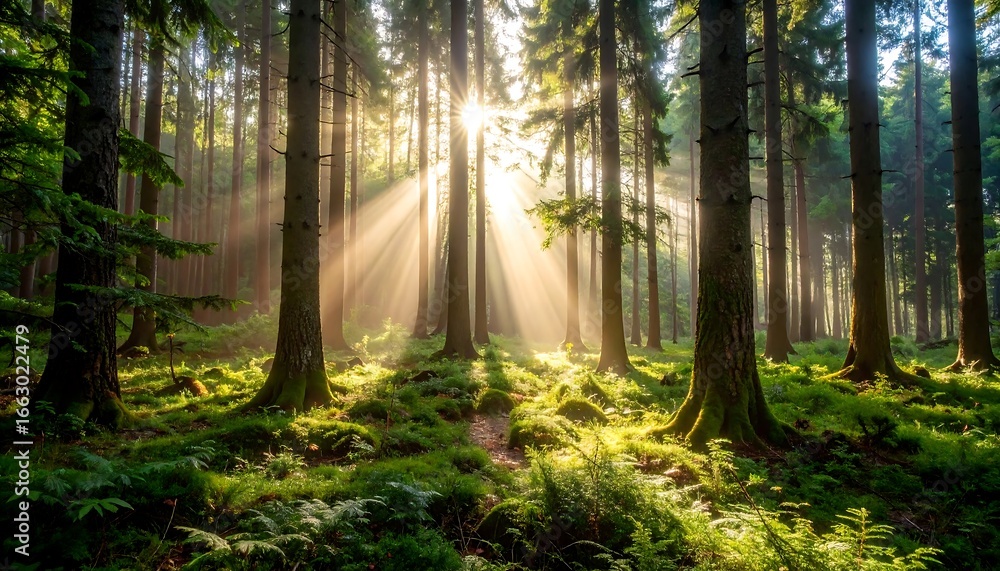 Fototapeta premium Sunlight streams through a dense forest (3)