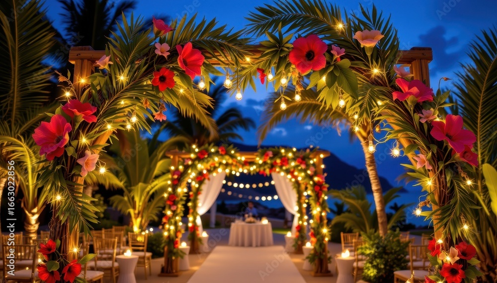 Obraz premium a tropical arch decorated with led lights hanging from bamboo poles illuminating palm leaves and bright flowers producing festive exotic wedding ambiance