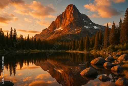 Majestic mountain peak rising above a calm forest lake with clear reflection and rocky shoreline under a golden sunset sky