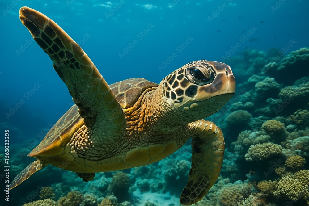 Fototapeta premium Sea turtle swimming gracefully through clear turquoise ocean water above coral reef under bright sunlight