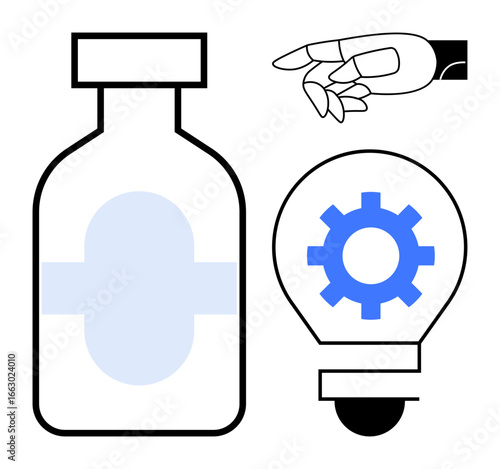 Robotic hand, medical vial, and cogwheel-shaped bulb symbolizing technology, engineering, and healthcare. Ideal for innovation, health tech, AI advancement science automation future vision. Simple