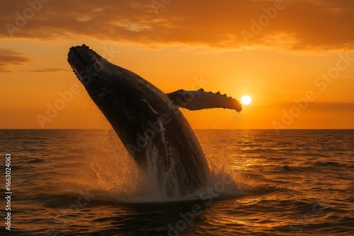 Humpback whale leaping out of the water at sunset with dramatic splash and golden sky reflecting on the ocean horizon
