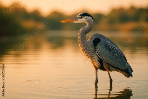Great blue heron wading in calm water at sunset with warm golden reflections and a soft blurred background
