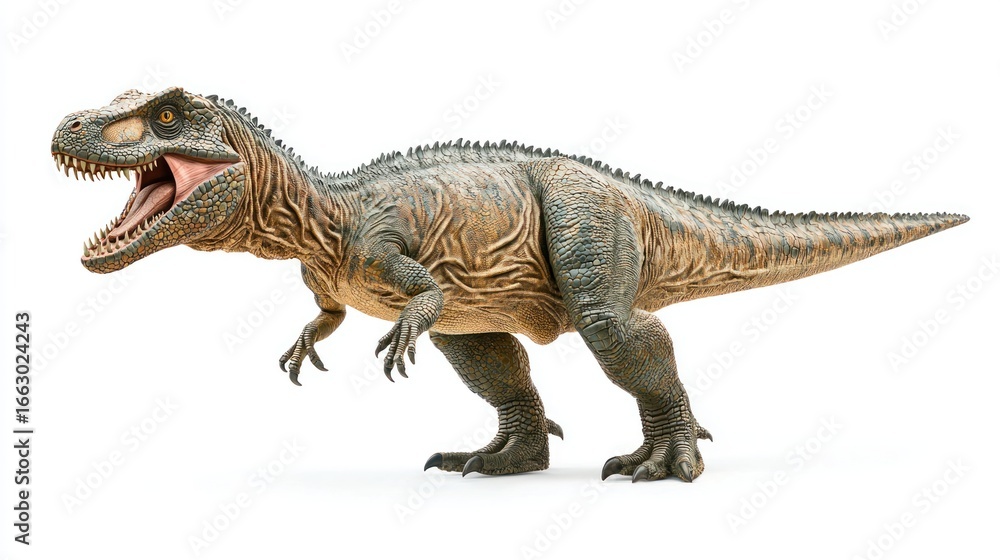 Obraz premium A large, menacing dinosaur with a muscular build and sharp teeth, standing on two legs with its mouth open, revealing sharp teeth and a fierce expression,