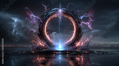 Vector illustration of round fantastic portal. Fantastic element with lightnings for presentation of digital goods. Round teleport or magic portal with lightnings isolated on checkered background.