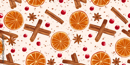 Seamless Winter Spice Pattern with Dried Orange Slices, Cinnamon, Star Anise and Cranberries Vector Background