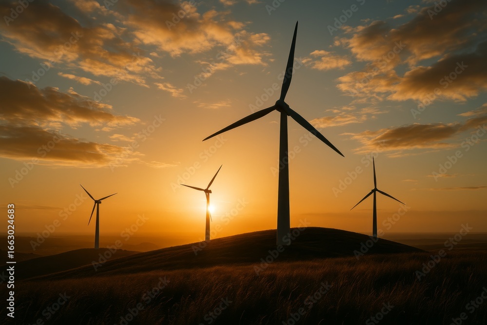 Obraz premium Silhouettes of wind turbines standing on rolling hills against a dramatic orange sunset sky, harnessing renewable energy in the countryside
