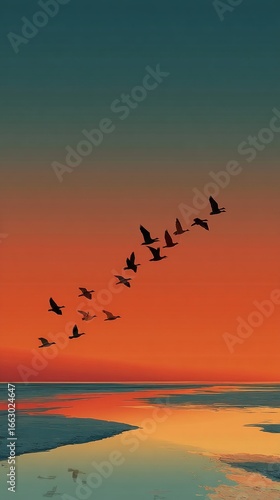 Wallpaper Mural Flock of migrating birds flying over a serene seascape during a vibrant sunset Torontodigital.ca