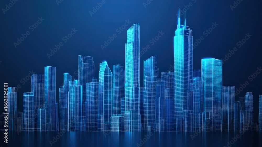 Obraz premium A futuristic city skyline rendered in a blue wireframe style, showcasing a blend of modern architecture and technology, ideal for use in tech presentations, urban development projects, or digital art