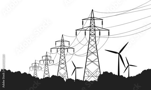 Silhouette of electric transmission towers and wind turbines, renewable energy, power lines, clean energy, sustainable technology