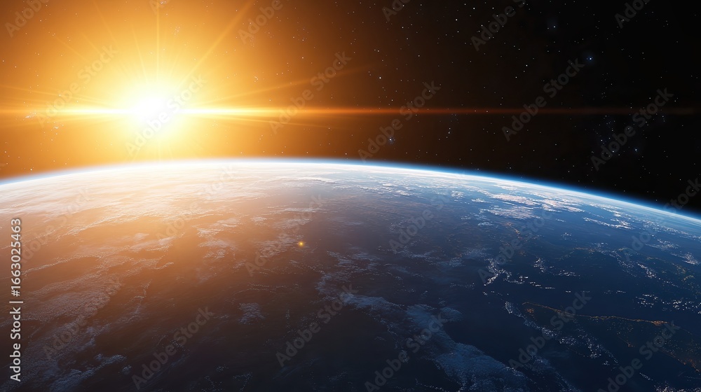 Fototapeta premium A breathtaking view of Earth from space at sunrise, capturing vibrant colors and the curvature of the planet, Ideal for projects related to astronomy, environmental awareness, or inspirational themes