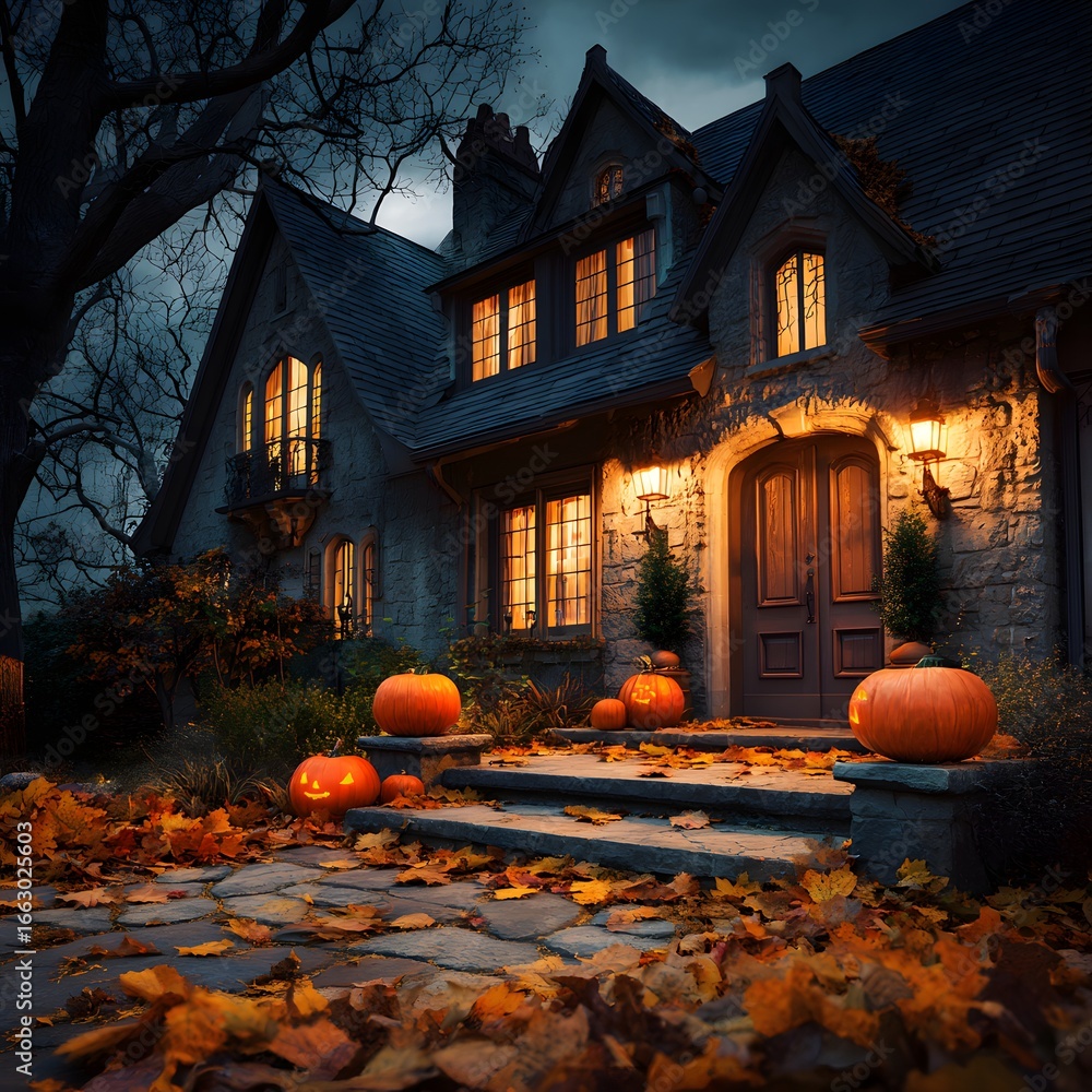 Obraz premium Halloween-Decorated House with Pumpkins and Autumn Leaves