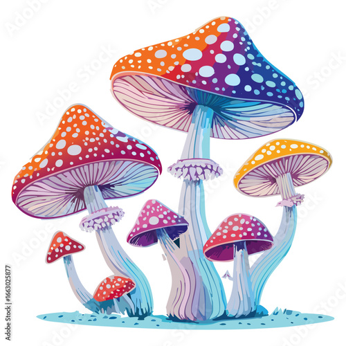 Neon mushrooms fly agaric vector illustration. Fairytale magic image for prints for clothes and design