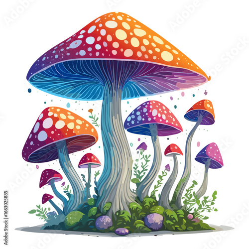 Neon mushrooms fly agaric vector illustration. Fairytale magic image for prints for clothes and design