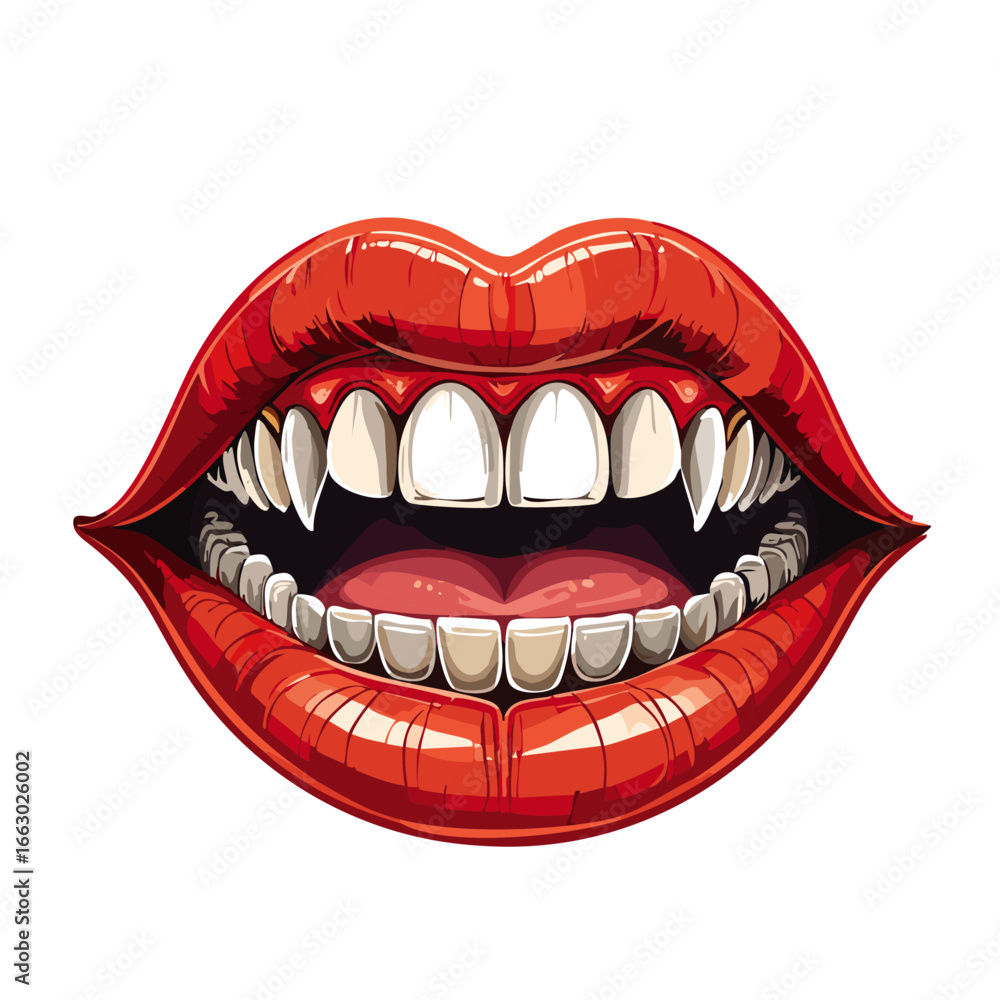 Naklejka premium Mouth with vampire teeth vector color illustration. Lips with fangs image halloween print and design element on isolated background.