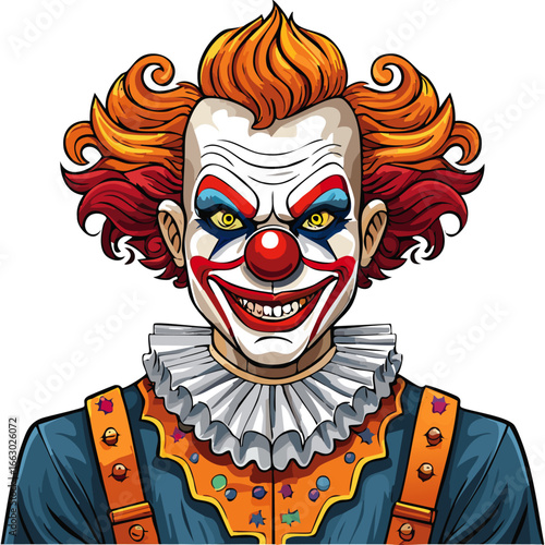 Evil clown vector color illustration. Portrait of scary halloween character for prints and design.
