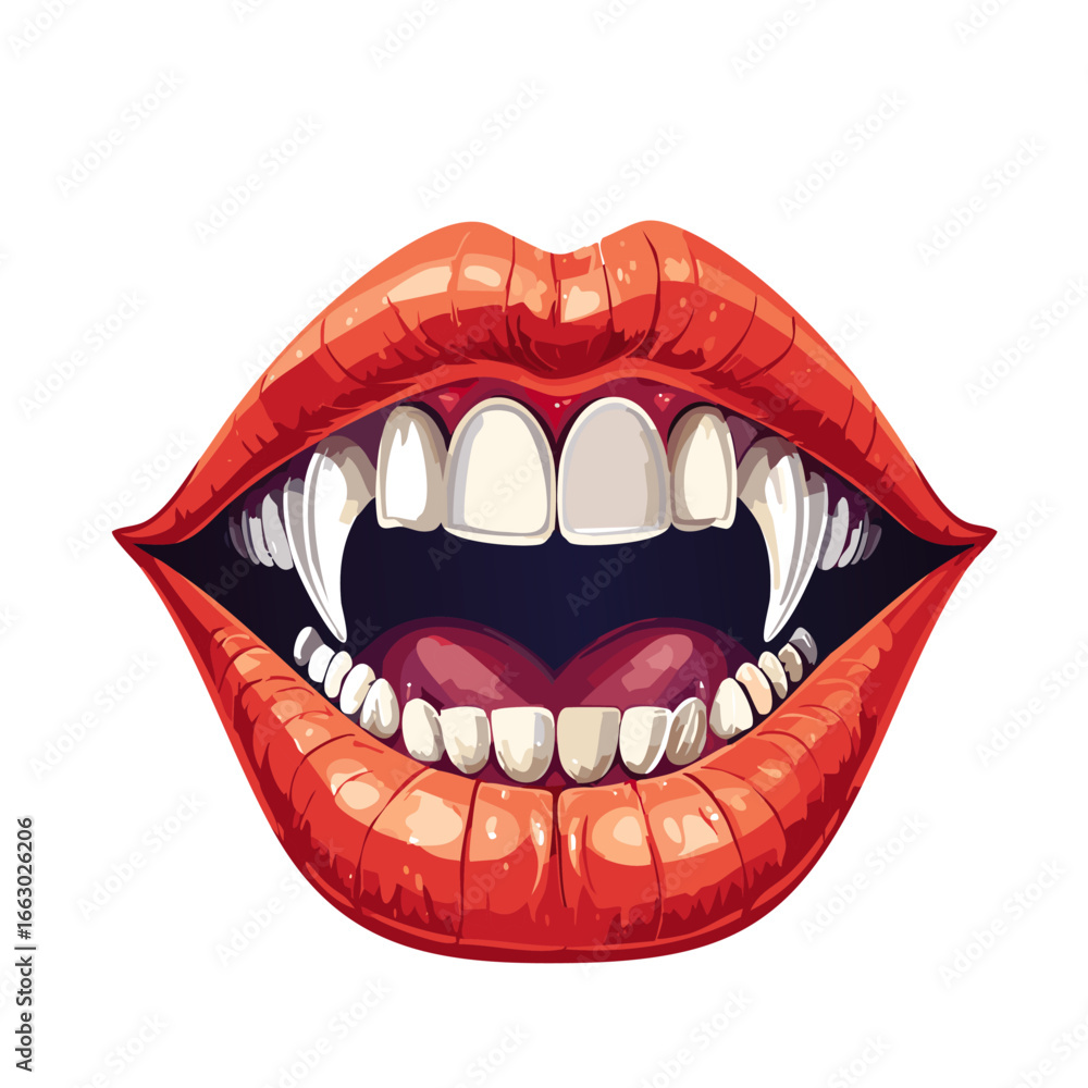 Naklejka premium Mouth with vampire teeth vector color illustration. Lips with fangs image halloween print and design element on isolated background.