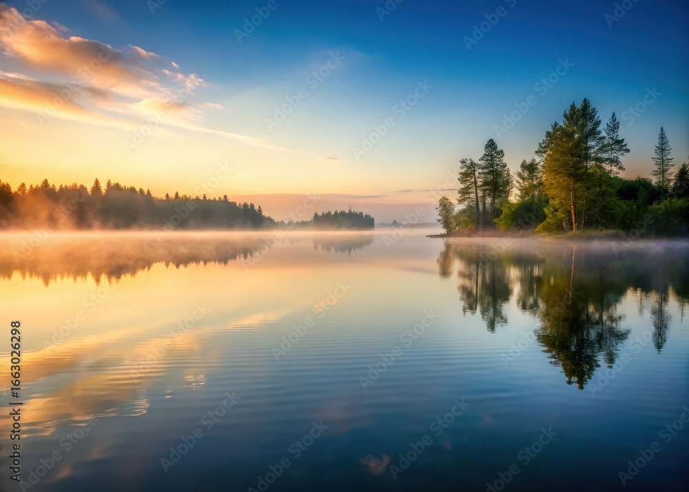 Fototapeta premium Serene lake at dawn with misty fog rolling in