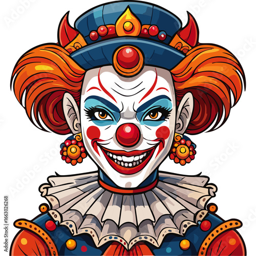 Evil clown vector color illustration. Portrait of scary halloween character for prints and design.