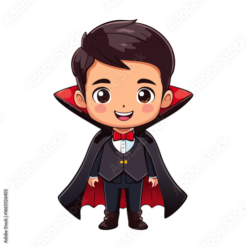 Cute boy in dracula costume vector color illustration. Image of festive costume charming character for halloween.