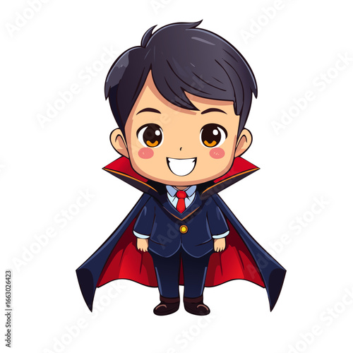 Cute boy in dracula costume vector color illustration. Image of festive costume charming character for halloween.