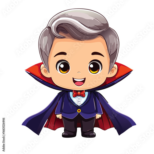 Cute boy in dracula costume vector color illustration. Image of festive costume charming character for halloween.