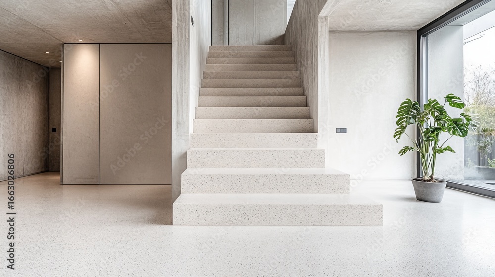Fototapeta premium Modern minimalist staircase. Interior concrete design, house with large windows and green plant