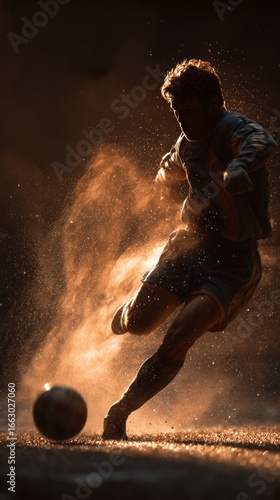 Professional soccer player kicking the ball with force and raising dust particles in a dramatic low key image