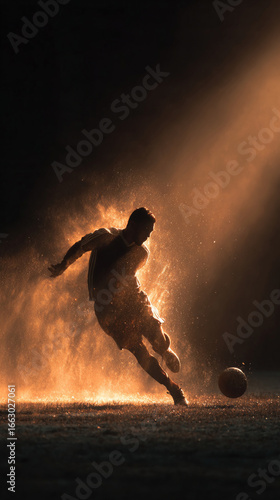 Professional soccer player kicking a ball surrounded by golden dust and light