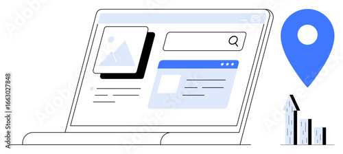 Laptop displaying a search engine interface, featuring search bar, image, and webpage preview. Blue location marker and buildings suggest themes thumbs up navigation, geolocation. Ideal